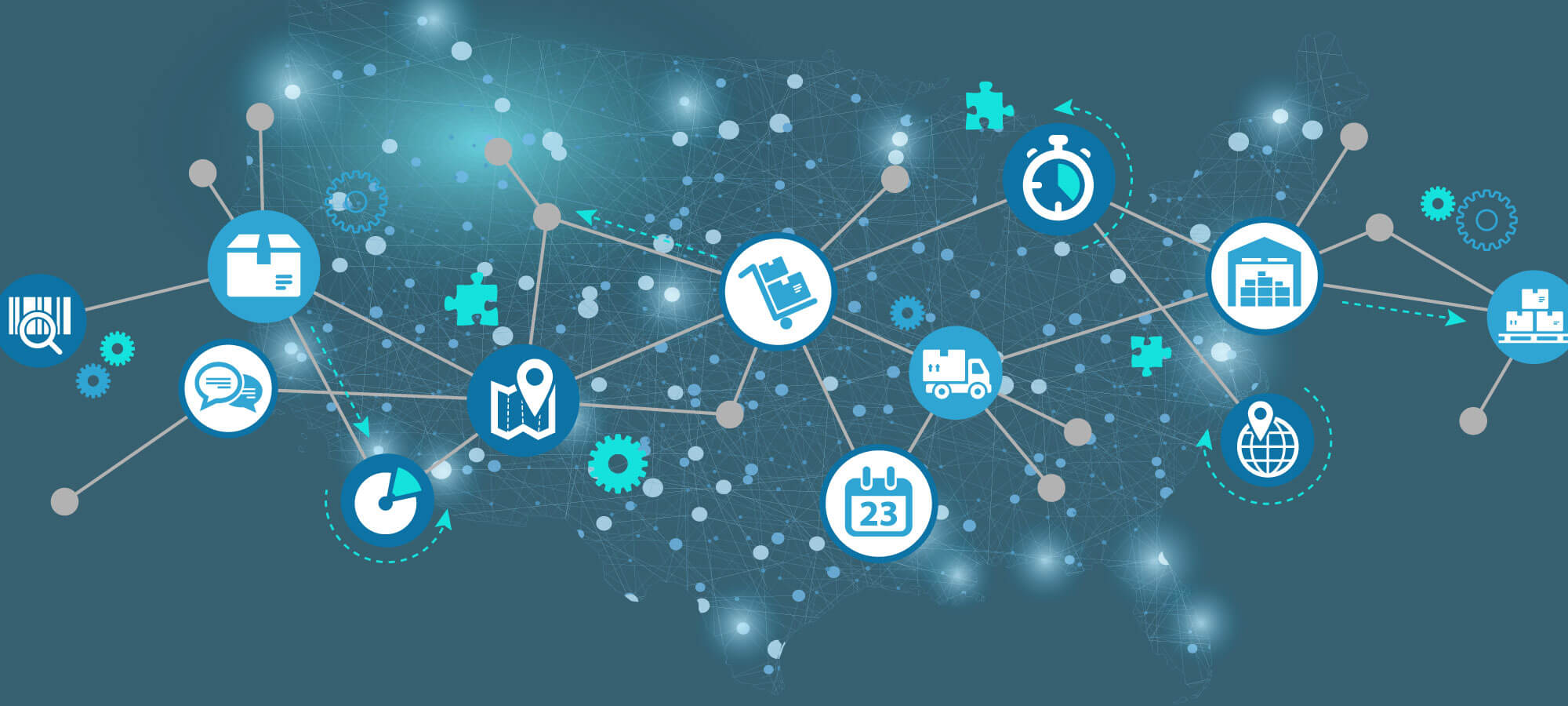 United States map with glowing connection points in the background with various logistics icons overlaying the top